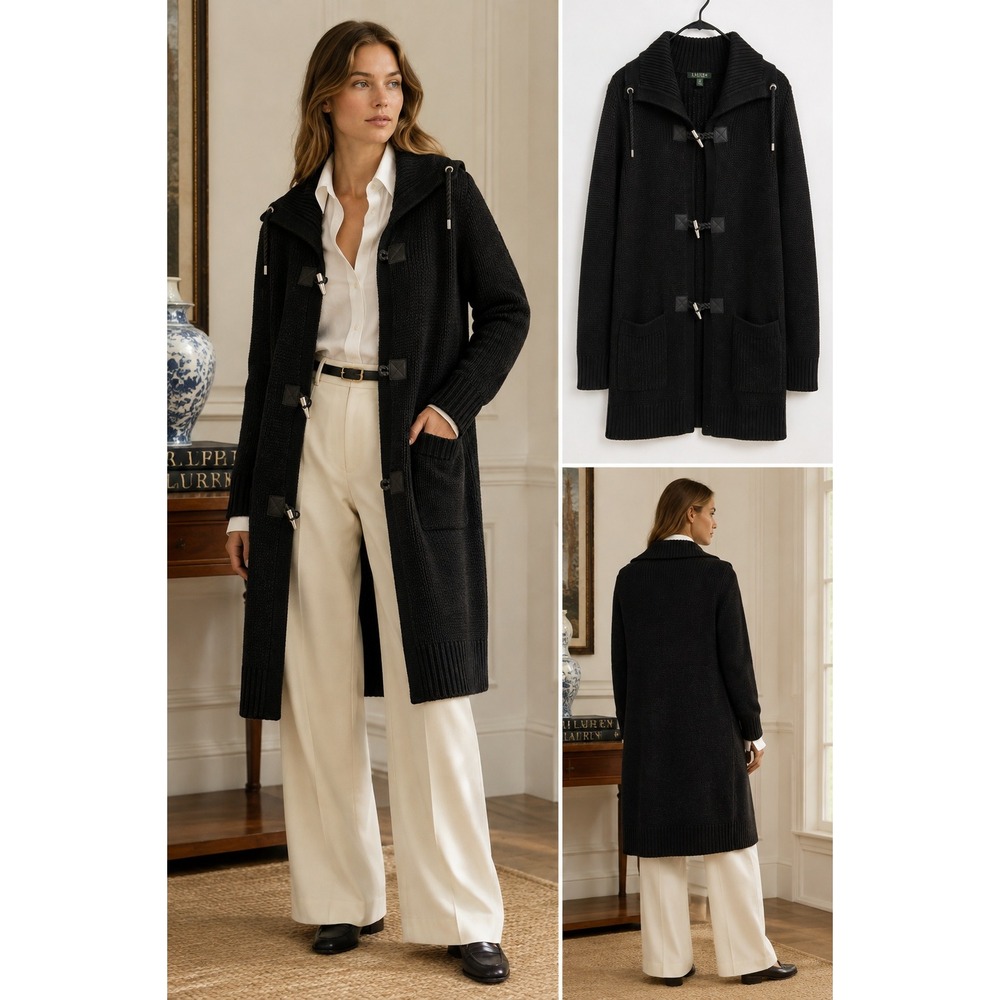 Lauren Ralph Lauren Heavy Knit Toggle Duster Sweater Large Black Longline Preppy